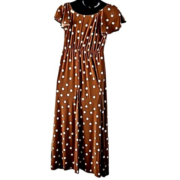 Attitudes by Renee Tall Flutter Maxi Dress Brown Polka Dot Size Medium Tall NWT - Picture 4 of 7